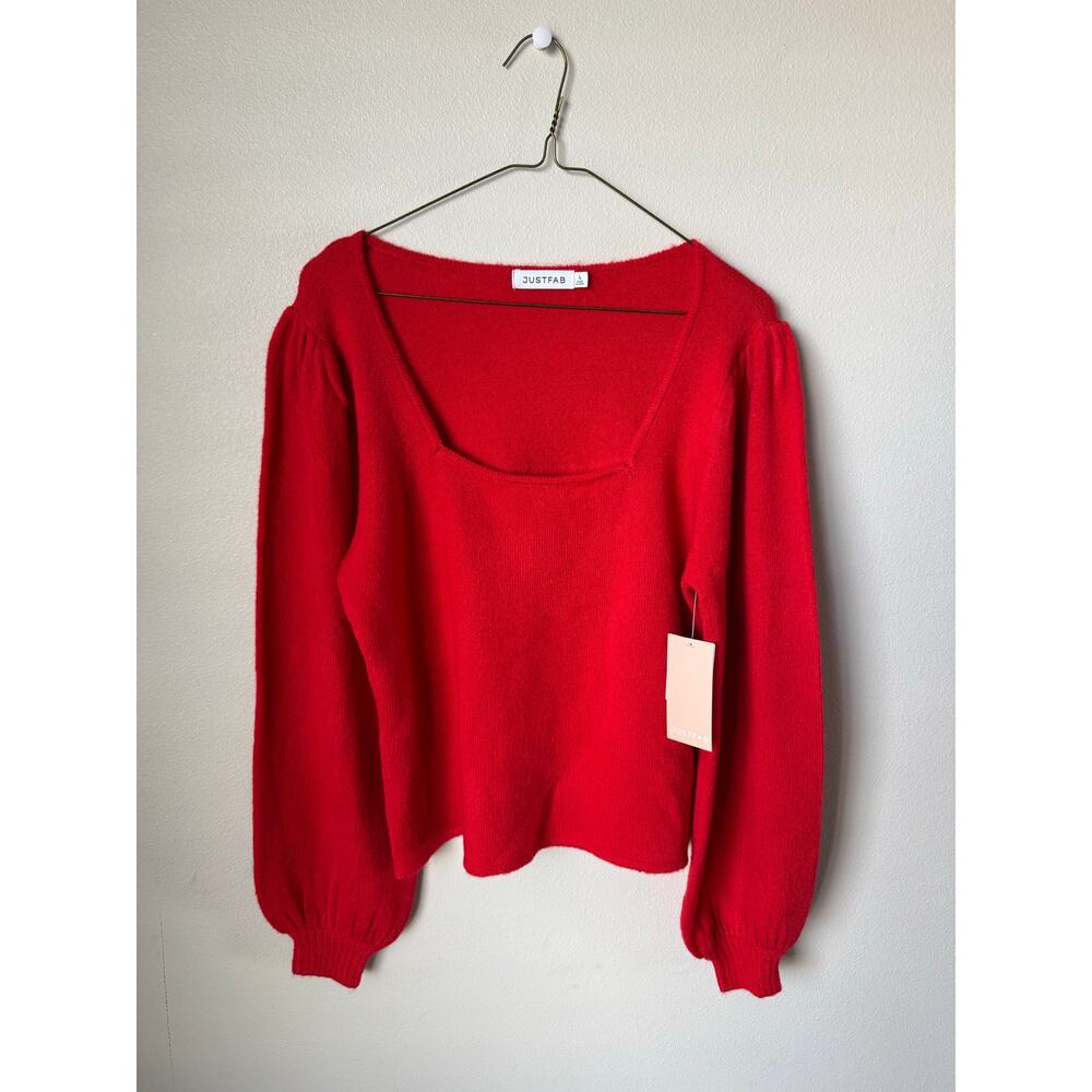 JustFab Red Square Neck Sweater Women’s L Puff Sleeve Knit NWT ❤️